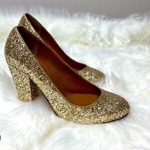 EUC Madewell 1937 Gold Glitter Frankie Pump Block Heel